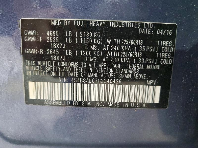 Продажа на аукционе авто 2016 Subaru Outback, vin: 4S4BSALC7G3340426, номер лота: 54824936