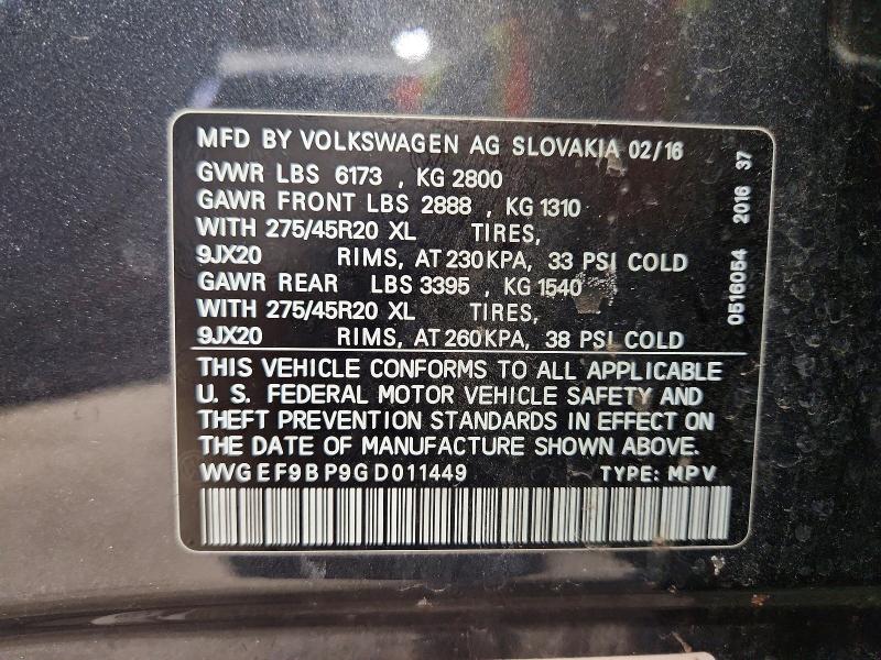 51977156 :رقم المزاد ، WVGEF9BP9GD011449 vin ، 2016 Volkswagen Touareg مزاد بيع