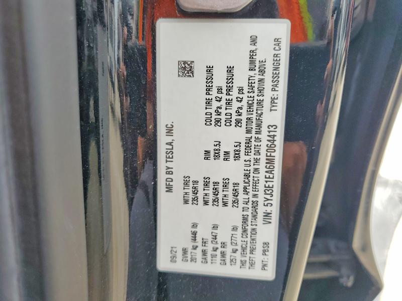 52085486 :رقم المزاد ، 5YJ3E1EA6MF064413 vin ، 2021 Tesla Model 3 مزاد بيع