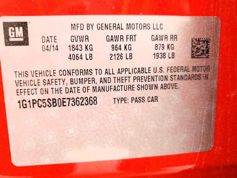 2014 Chevrolet Cruze მანქანა იყიდება აუქციონზე, vin: 1G1PC5SB0E7362368, აუქციონის ნომერი: 52259786