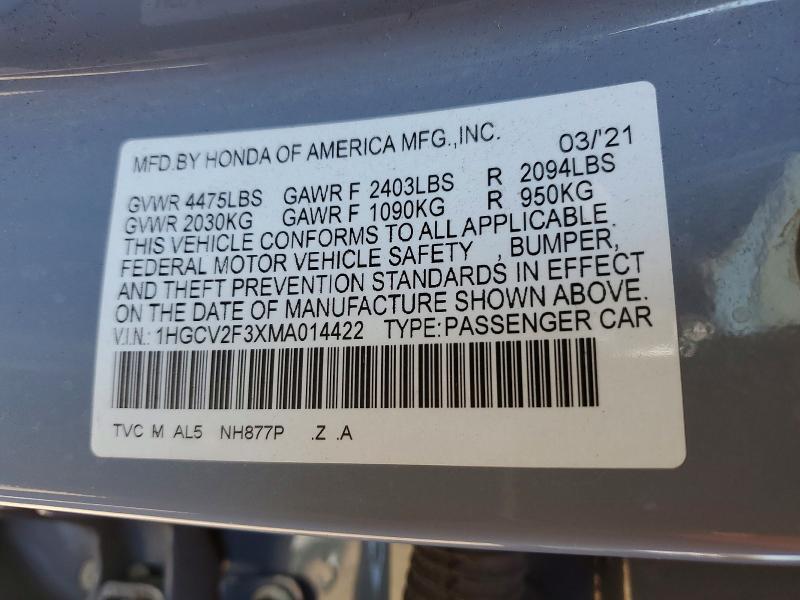 2021 Honda Accord მანქანა იყიდება აუქციონზე, vin: 1HGCV2F3XMA014422, აუქციონის ნომერი: 52391476