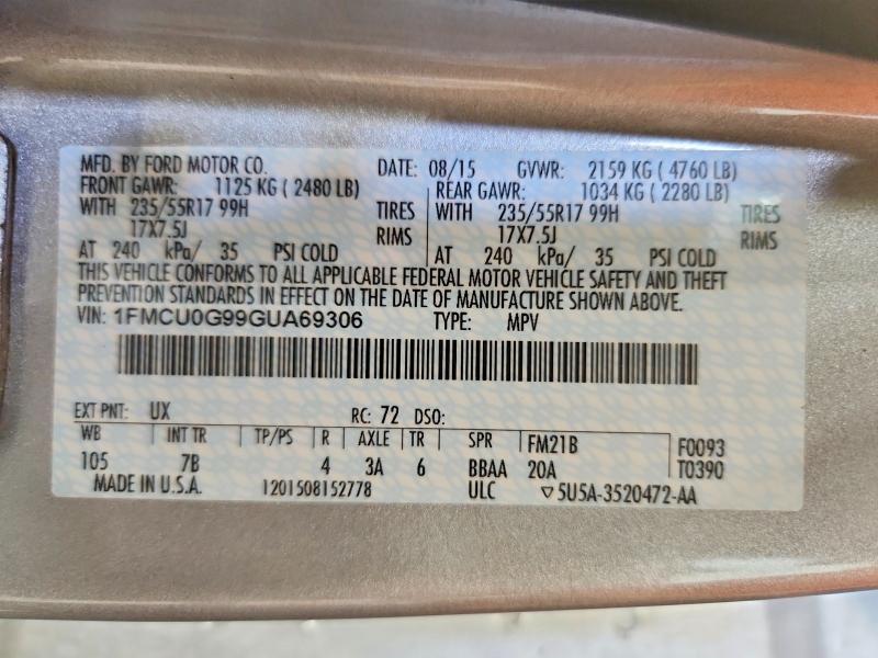 2016 Ford Escape მანქანა იყიდება აუქციონზე, vin: 1FMCU0G99GUA69306, აუქციონის ნომერი: 55190286