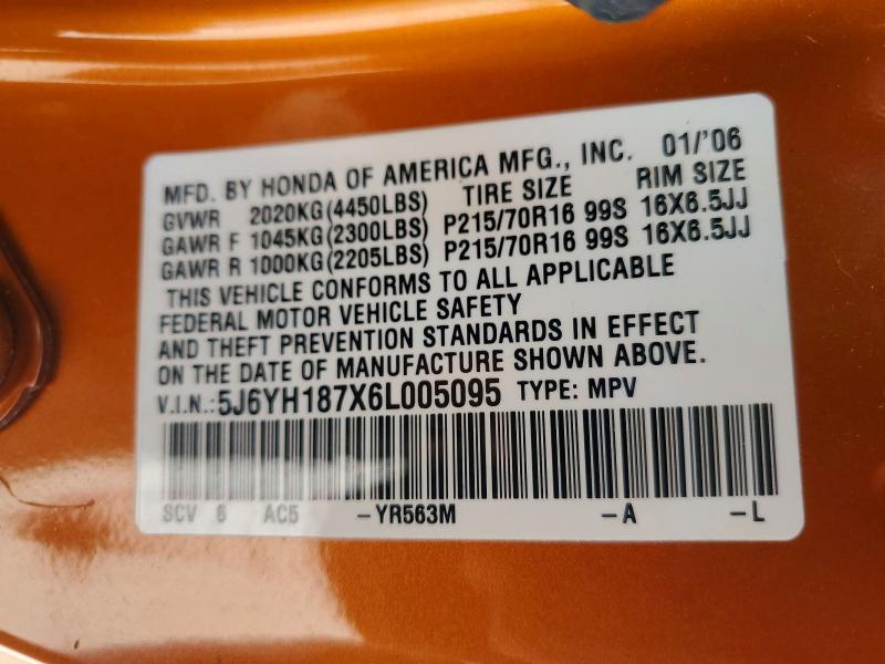 2006 Honda Element მანქანა იყიდება აუქციონზე, vin: 5J6YH187X6L005095, აუქციონის ნომერი: 52368856