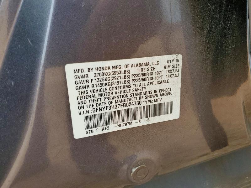 2015 Honda Pilot მანქანა იყიდება აუქციონზე, vin: 5FNYF3H37FB024730, აუქციონის ნომერი: 52041116