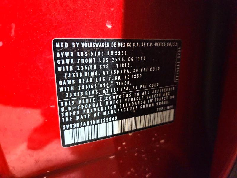 54073966 :رقم المزاد ، 3VV3B7AX1NM129849 vin ، 2022 Volkswagen Tiguan مزاد بيع