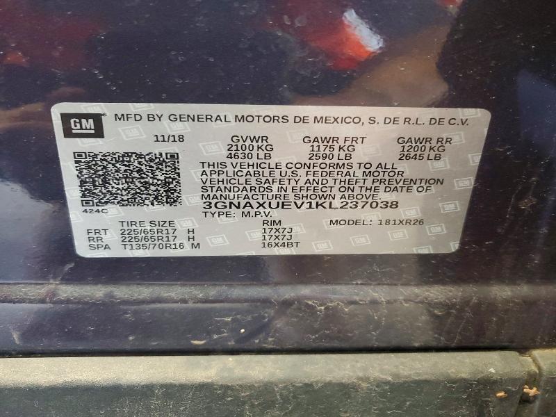Aukcja sprzedaży 2019 Chevrolet Equinox, vin: 3GNAXUEV1KL237038, numer aukcji: 53033906