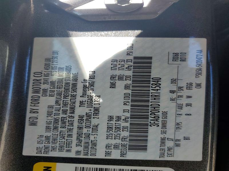 2017 Ford Fusion მანქანა იყიდება აუქციონზე, vin: 3FA6P0HD1HR145840, აუქციონის ნომერი: 51073346