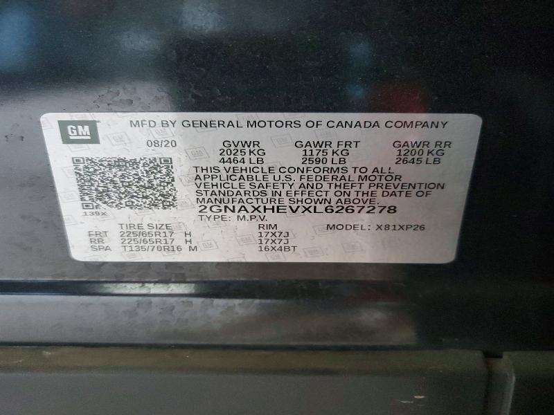 54093446 :رقم المزاد ، 2GNAXHEVXL6267278 vin ، 2020 Chevrolet Equinox مزاد بيع