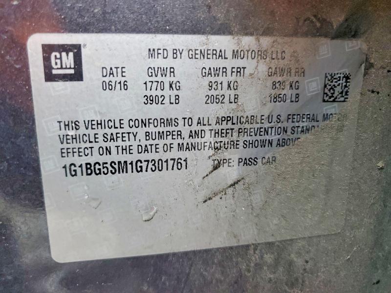 54767746 :رقم المزاد ، 1G1BG5SM1G7301761 vin ، 2016 Chevrolet Cruze مزاد بيع