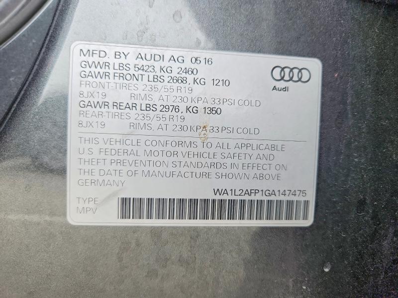 2016 Audi Q5 მანქანა იყიდება აუქციონზე, vin: WA1L2AFP1GA147475, აუქციონის ნომერი: 53907916