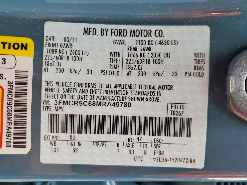 2021 Ford Bronco Sport მანქანა იყიდება აუქციონზე, vin: 3FMCR9C68MRA49780, აუქციონის ნომერი: 54710606