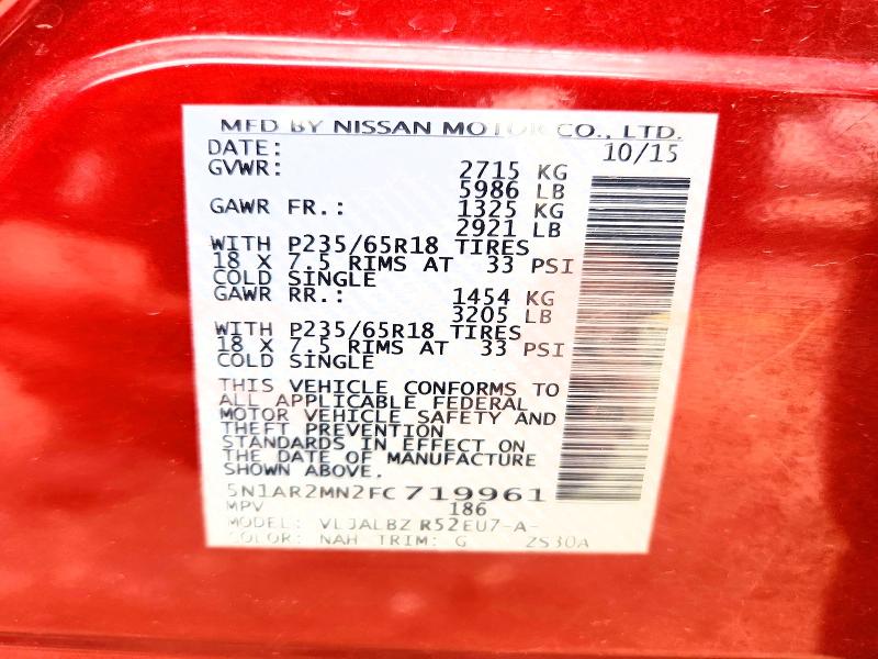 54256256 :رقم المزاد ، 5N1AR2MN2FC719961 vin ، 2015 Nissan Pathfinder مزاد بيع