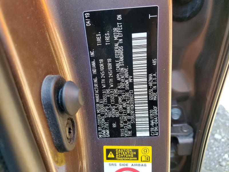 53758726 :رقم المزاد ، 5TDBZRFH0KS990213 vin ، 2019 Toyota Highlander مزاد بيع