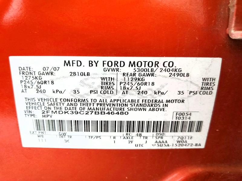 Продажа на аукционе авто 2007 Ford Edge, vin: 2FMDK39C27BB46480, номер лота: 55132826