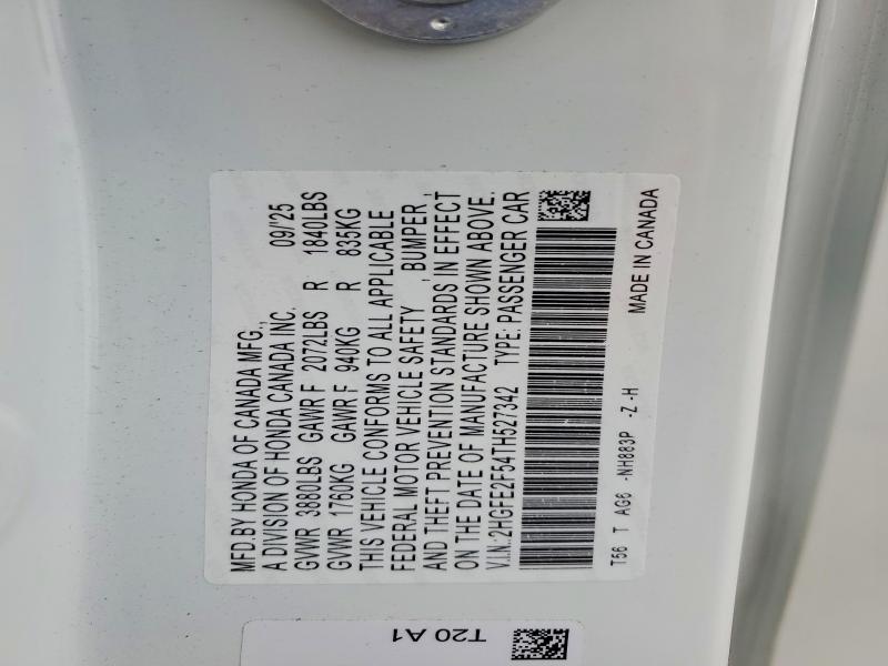 Продаж на аукціоні авто 2026 Honda Civic, vin: 2HGFE2F54TH527342, номер лоту: 54864176