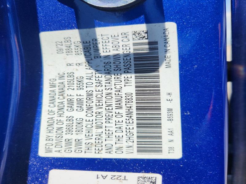 54435226 :رقم المزاد ، 2HGFE1E54NH476830 vin ، 2022 Honda Civic مزاد بيع