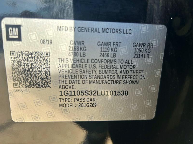 54316706 :رقم المزاد ، 1G1105S32LU101538 vin ، 2020 Chevrolet Impala مزاد بيع