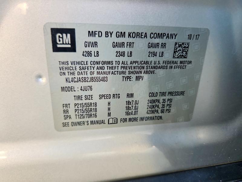 2018 Buick Encore მანქანა იყიდება აუქციონზე, vin: KL4CJASB2JB555403, აუქციონის ნომერი: 53560006
