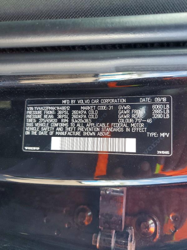 54015196 :رقم المزاد ، YV4A22PM4K1448612 vin ، 2019 Volvo Xc90 مزاد بيع