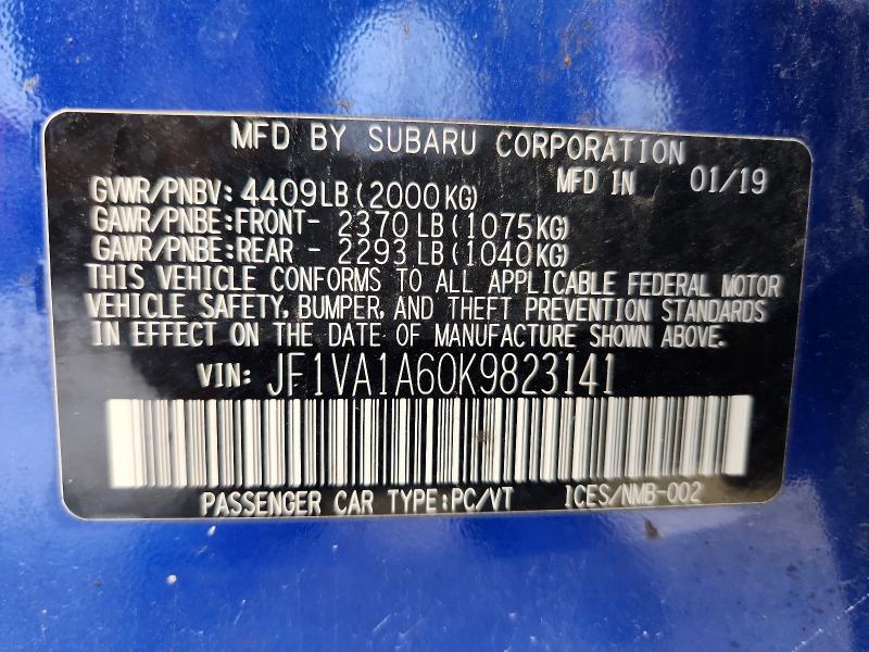 54825726 :رقم المزاد ، JF1VA1A60K9823141 vin ، 2019 Subaru Wrx مزاد بيع