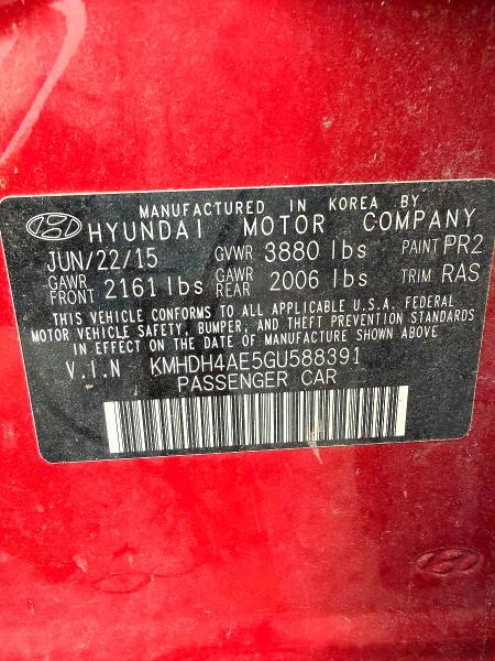 Auction sale of the 2016 Hyundai Elantra, vin: KMHDH4AE5GU588391, lot number: 54645896