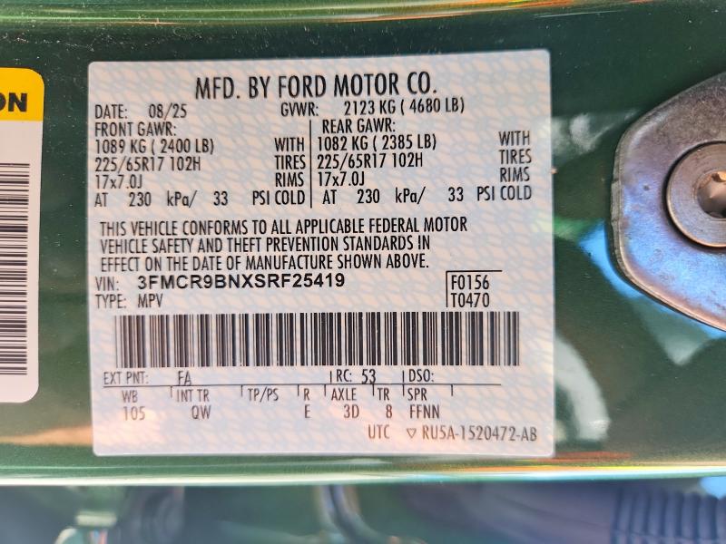 2025 Ford Bronco Sport მანქანა იყიდება აუქციონზე, vin: 3FMCR9BNXSRF25419, აუქციონის ნომერი: 55133966