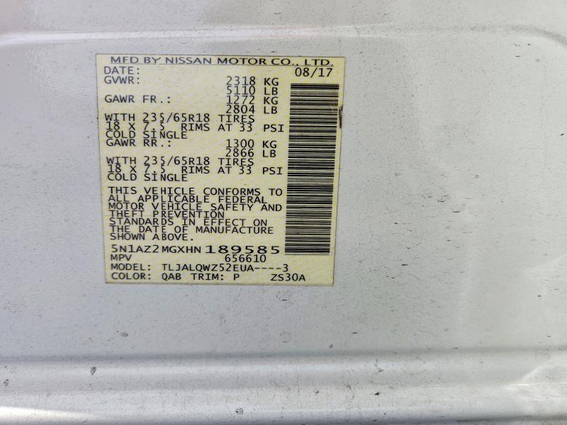 2017 Nissan Murano მანქანა იყიდება აუქციონზე, vin: 5N1AZ2MGXHN189585, აუქციონის ნომერი: 55159626