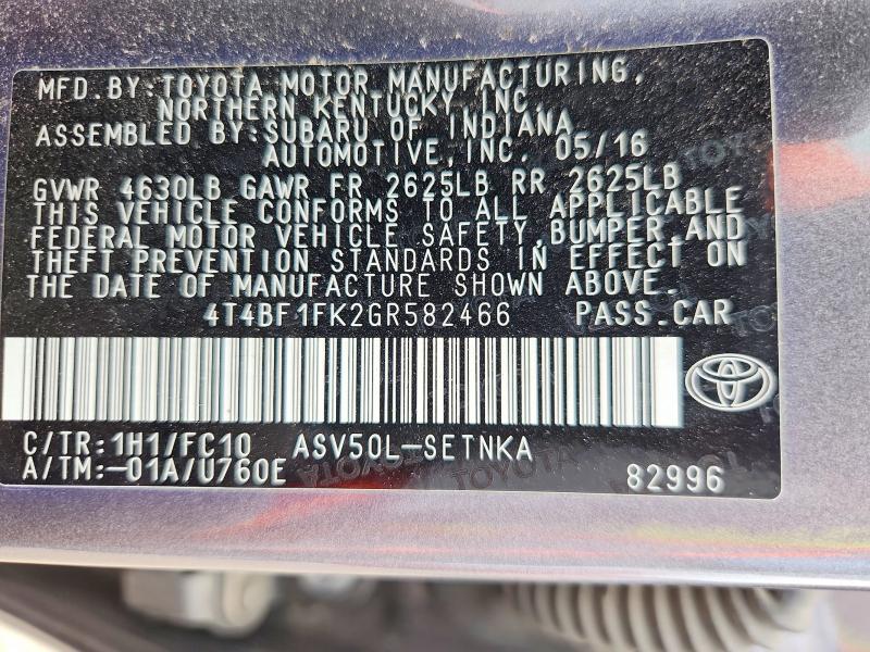 Продаж на аукціоні авто 2016 Toyota Camry, vin: 4T4BF1FK2GR582466, номер лоту: 54368996