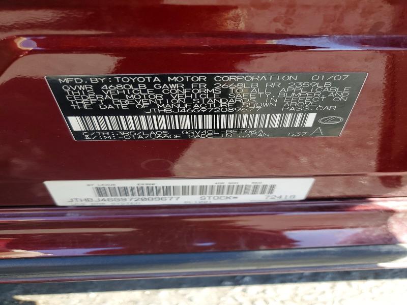 Продаж на аукціоні авто 2007 Lexus Es, vin: JTHBJ46G972089677, номер лоту: 52103486