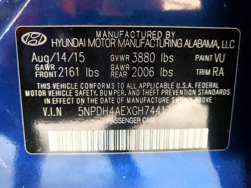 53197046 :رقم المزاد ، 5NPDH4AEXGH744178 vin ، 2016 Hyundai Elantra مزاد بيع