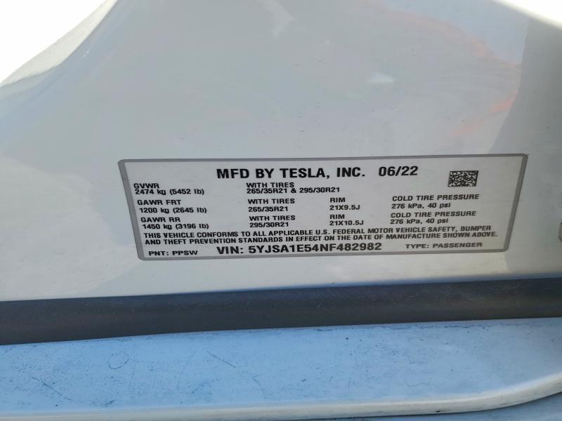 Aukcja sprzedaży 2022 Tesla Model S, vin: 5YJSA1E54NF482982, numer aukcji: 54637566