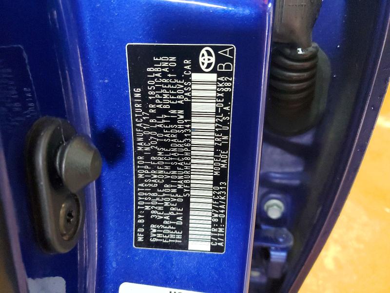 2017 Toyota Corolla მანქანა იყიდება აუქციონზე, vin: 5YFBURHE8HP631341, აუქციონის ნომერი: 55034226