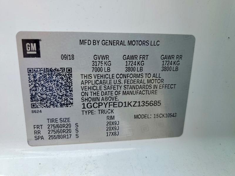 Продаж на аукціоні авто 2019 Chevrolet Silverado, vin: 1GCPYFED1KZ135685, номер лоту: 53177736