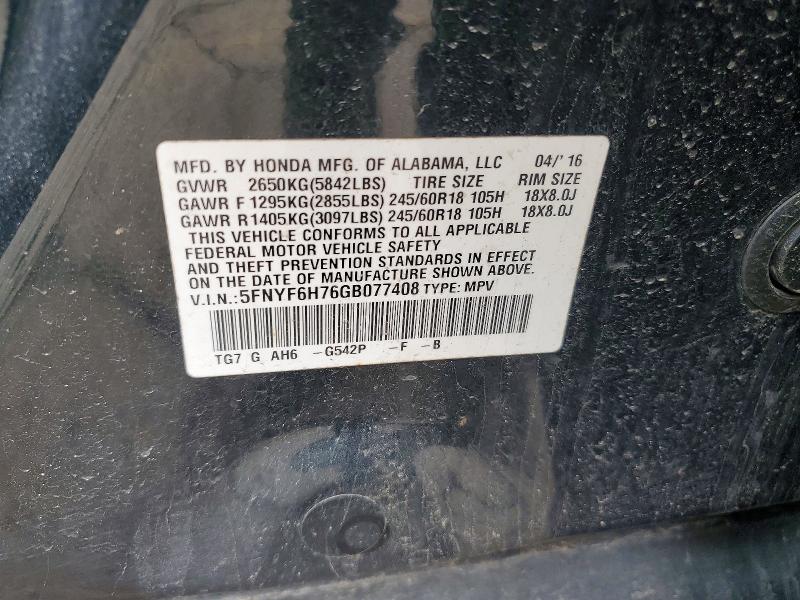 47842986 :رقم المزاد ، 5FNYF6H76GB077408 vin ، 2016 Honda Pilot مزاد بيع