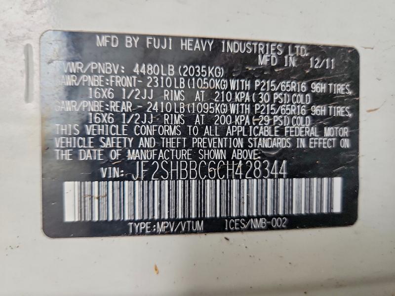 54116026 :رقم المزاد ، JF2SHBBC6CH428344 vin ، 2012 Subaru Forester مزاد بيع