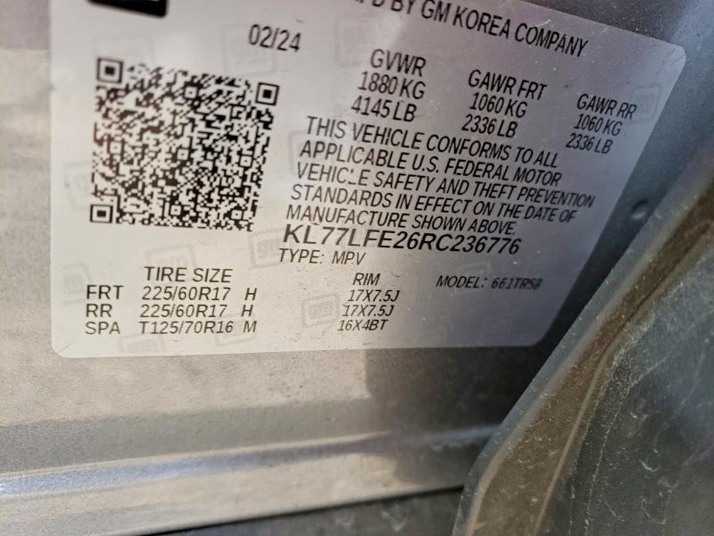 2024 Chevrolet Trax მანქანა იყიდება აუქციონზე, vin: KL77LFE26RC236776, აუქციონის ნომერი: 54878686