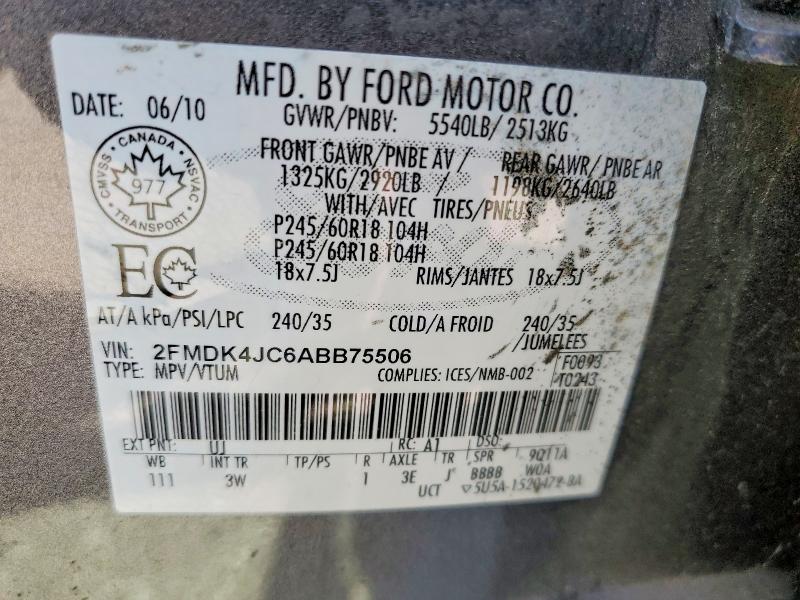 55255936 :رقم المزاد ، 2FMDK4JC6ABB75506 vin ، 2010 Ford Edge مزاد بيع