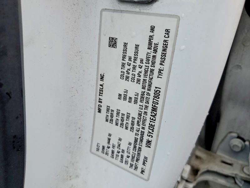 52175146 :رقم المزاد ، 5YJ3E1EA2MF078051 vin ، 2021 Tesla Model 3 مزاد بيع