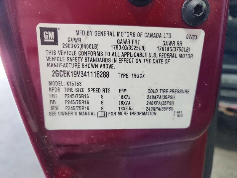54788356 :رقم المزاد ، 2GCEK19V341116288 vin ، 2004 Chevrolet Silverado مزاد بيع