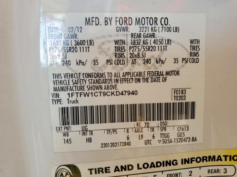2012 Ford F150 მანქანა იყიდება აუქციონზე, vin: 1FTFW1CT9CKD47940, აუქციონის ნომერი: 53273216