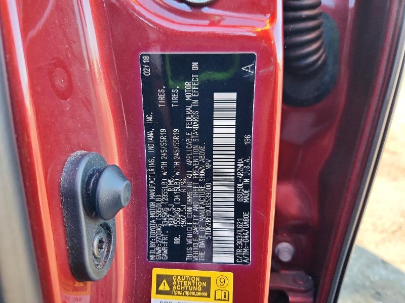53695766 :رقم المزاد ، 5TDKZRFHXJS539000 vin ، 2018 Toyota Highlander مزاد بيع