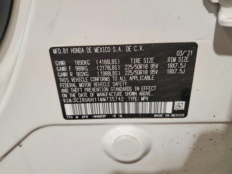 2021 Honda Hr-v მანქანა იყიდება აუქციონზე, vin: 3CZRU6H11MM735742, აუქციონის ნომერი: 52062006