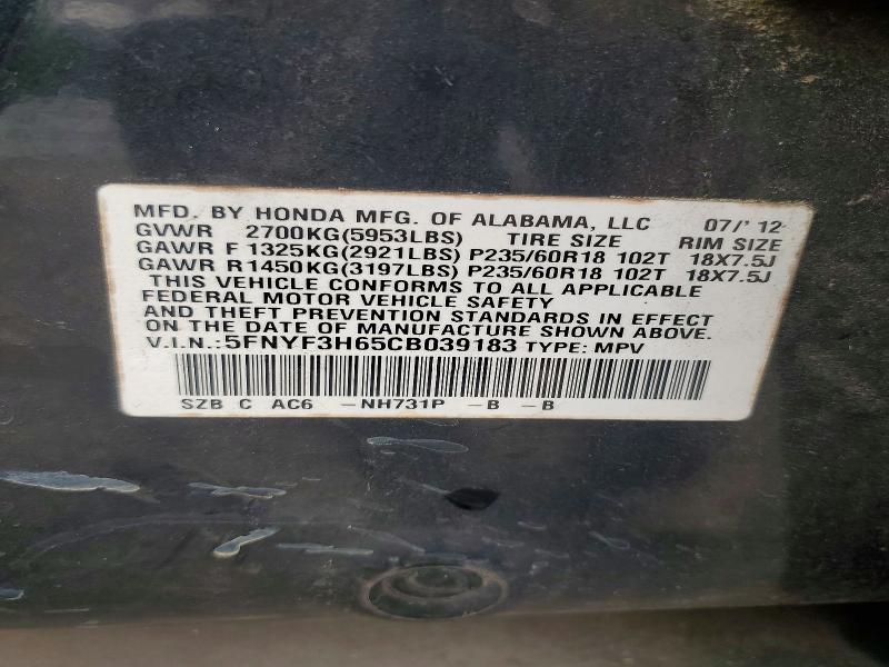 2012 Honda Pilot მანქანა იყიდება აუქციონზე, vin: 5FNYF3H65CB039183, აუქციონის ნომერი: 55019906