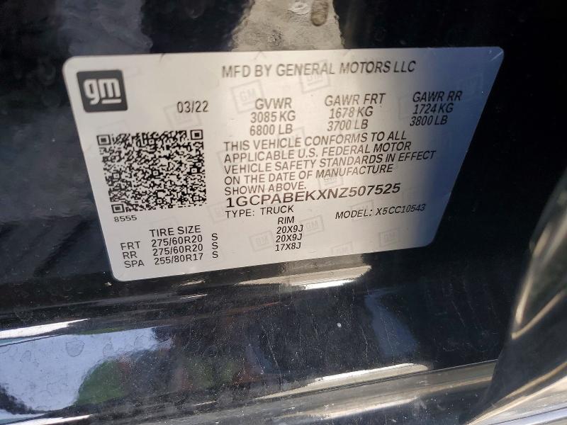 Aukcja sprzedaży 2022 Chevrolet Silverado, vin: 1GCPABEKXNZ507525, numer aukcji: 54706516