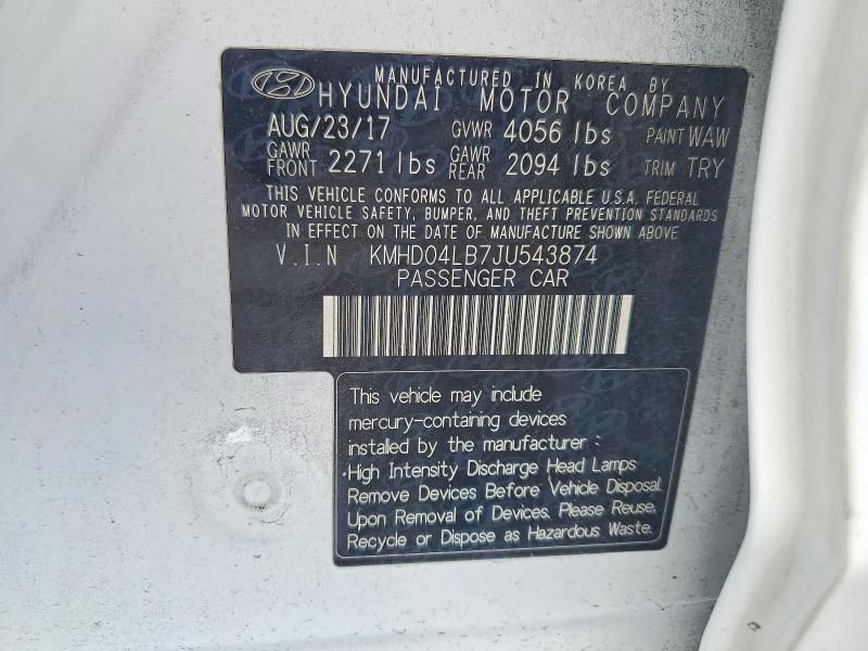 Продаж на аукціоні авто 2018 Hyundai Elantra, vin: KMHD04LB7JU543874, номер лоту: 54195606
