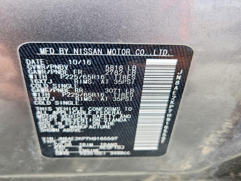 2017 Nissan Quest მანქანა იყიდება აუქციონზე, vin: JN8AE2KP7H9165597, აუქციონის ნომერი: 55197566