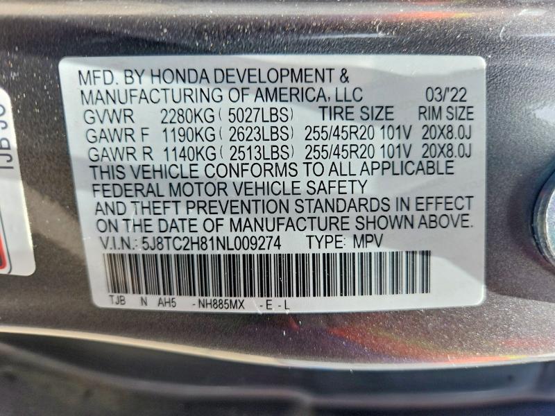 55096946 :رقم المزاد ، 5J8TC2H81NL009274 vin ، 2022 Acura Rdx مزاد بيع