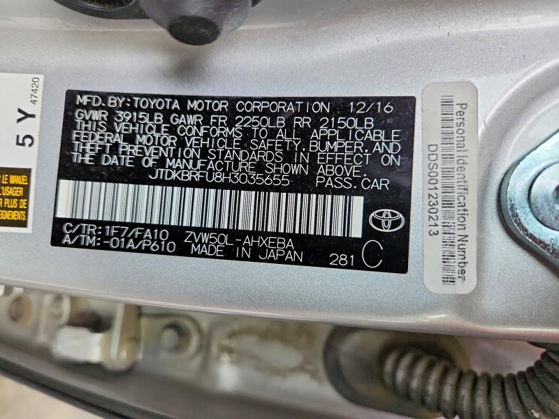 Aukcja sprzedaży 2017 Toyota Prius, vin: JTDKBRFU8H3035655, numer aukcji: 55206966
