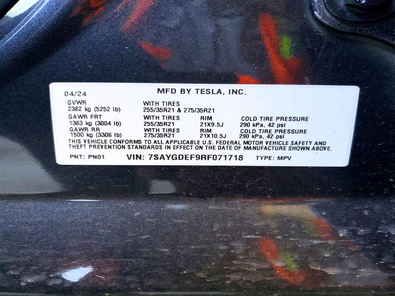 2024 Tesla Model Y მანქანა იყიდება აუქციონზე, vin: 7SAYGDEF9RF071718, აუქციონის ნომერი: 53852386