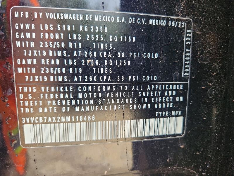 55366576 :رقم المزاد ، 3VVCB7AX2NM118486 vin ، 2022 Volkswagen Tiguan مزاد بيع